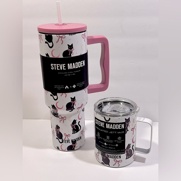 Steve Madden Pink and Black Cat Print Tumbler and Mug Set - Picture 7 of 7